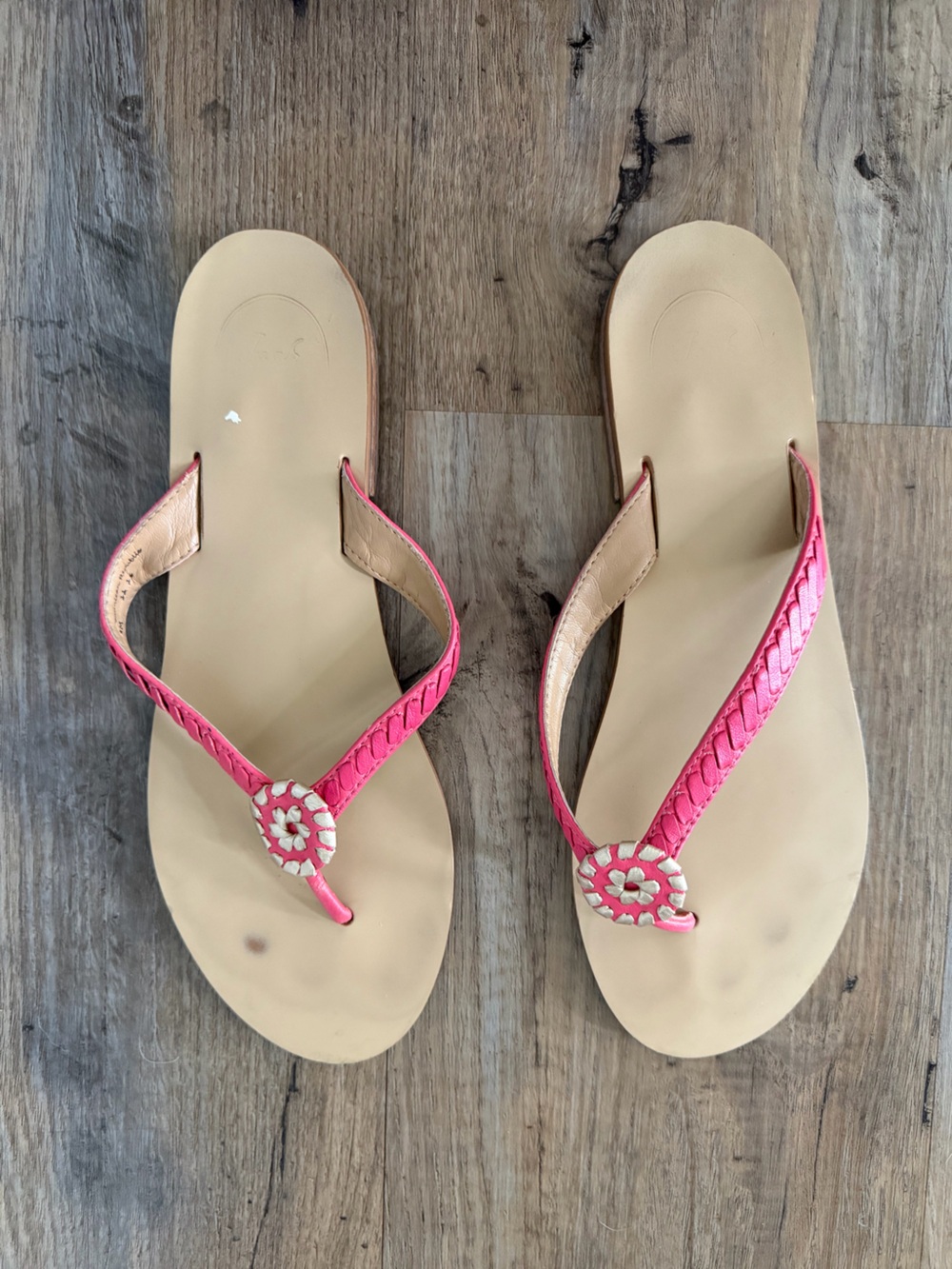 Jack Rogers Pink Braided Thong Sandals with Floral Medallions